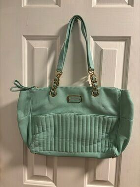 B. Makowsky Seafoam Mint Quilted Leather Tote Bag - Gold Chain Handles EUC